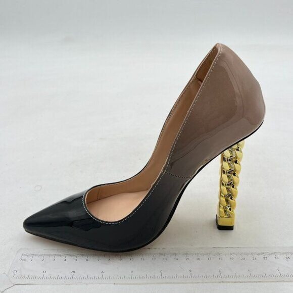 FSJ Nude Gold Metal Chain Chunky High Heel Pointed Toe Slip On Party  Pumps - Picture 2 of 8